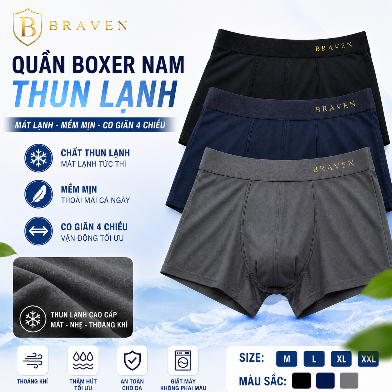 BRAVEN COOLFIT BOXER – Quần Lót Nam Thun Lạnh Cao Cấp, Co Giãn 4 Chiều, Thoáng Khí, Ôm Form Không Cuộn Ống